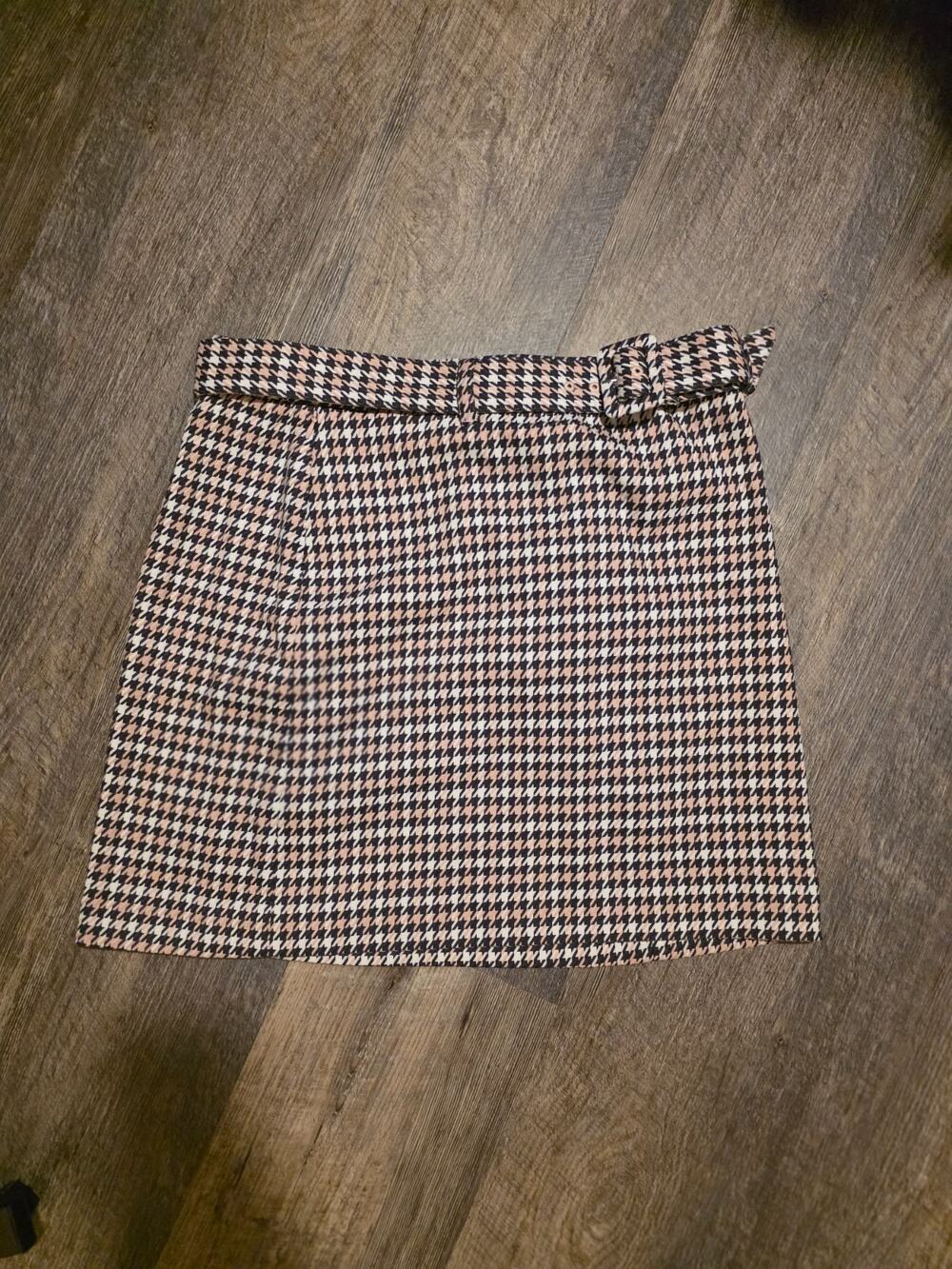 NWT Club Monaco Houndstooth Mini Skirt Size 14 Taupe Pink Rose Belted A-Line$158